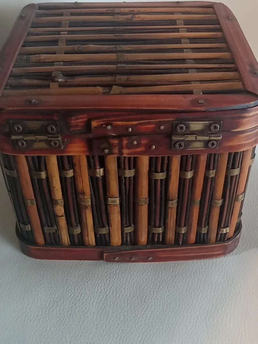 Vintage Brown and Tan Woven Bamboo Storage Chest - Picture 3 of 5